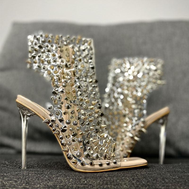 Transparent Rivet Stiletto Heels with Square Toe - Jatanele