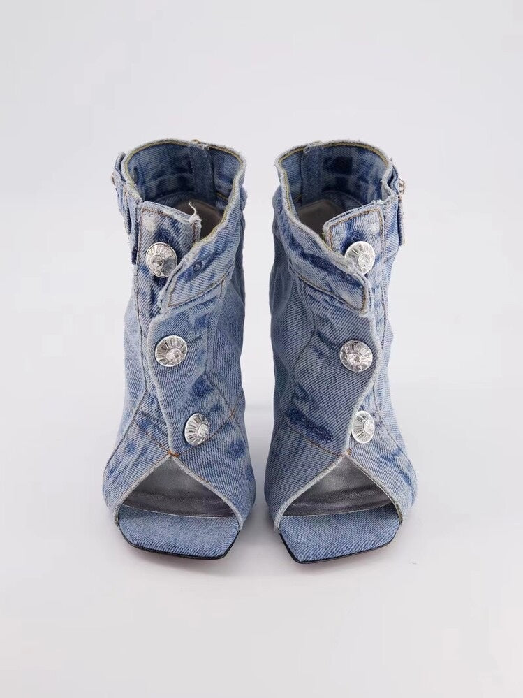 Short Boots with High Heels and Rivets - Denim Fabric - Jatanele