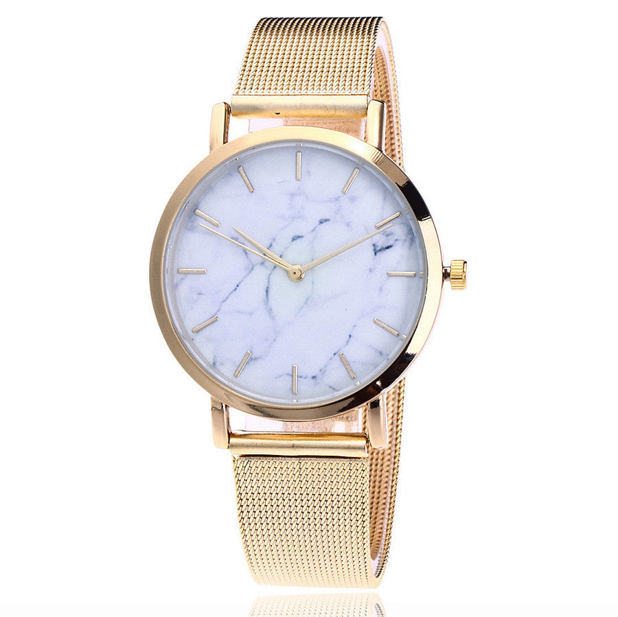 Silver and gold mesh band creative marble wristwatch - Jatanele