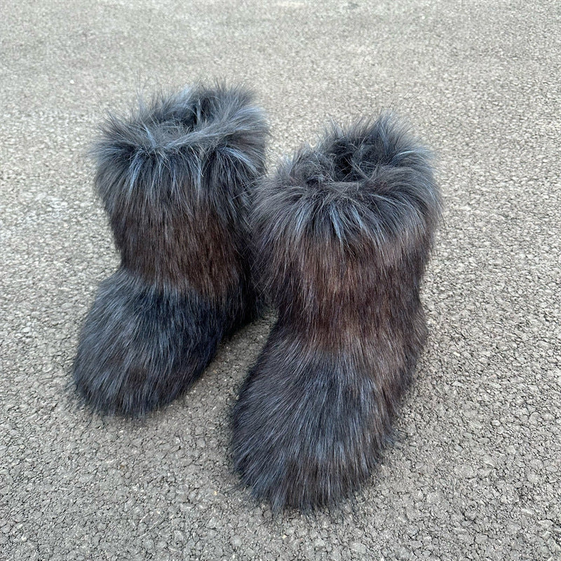 Raccoon Fur Plush Snow Boots - Warm Winter Footwear - Jatanele