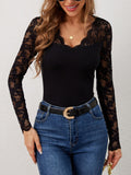 Lace Wavy Hem V-Neck Long Sleeve Top - Jatanele