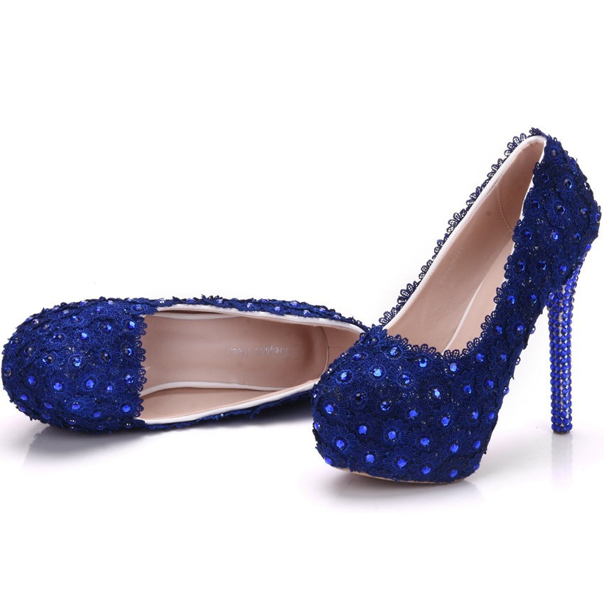 Lace Wedding Shoes - Rhinestone Blue Heels - Jatanele