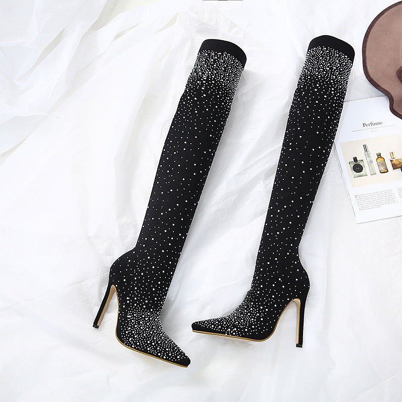 Chic High-Heeled Knee Boots – Pointed Toe & Elastic Fit - Jatanele