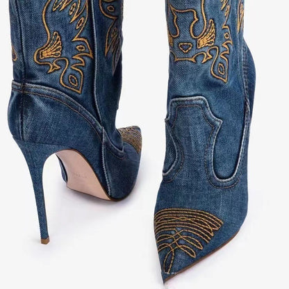 Western Denim Style High-Heeled Boots for Women - Jatanele