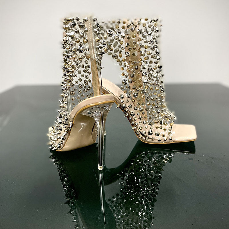 Transparent Rivet Stiletto Heels with Square Toe - Jatanele