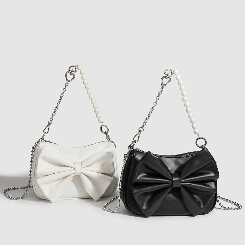 Black White PU Bow Handbags Autumn Winter Ladies Underarm Tote Bags Fashion Simple Pearl Chain Shoulder Bag Small Purse - Jatanele