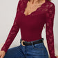 Lace Wavy Hem V-Neck Long Sleeve Top - Jatanele
