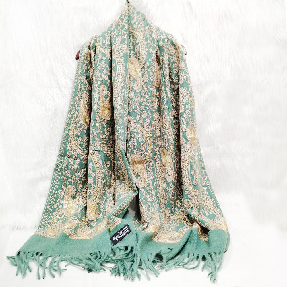 Embroidered Cashmere Scarf with Golden Paisley Details - Jatanele