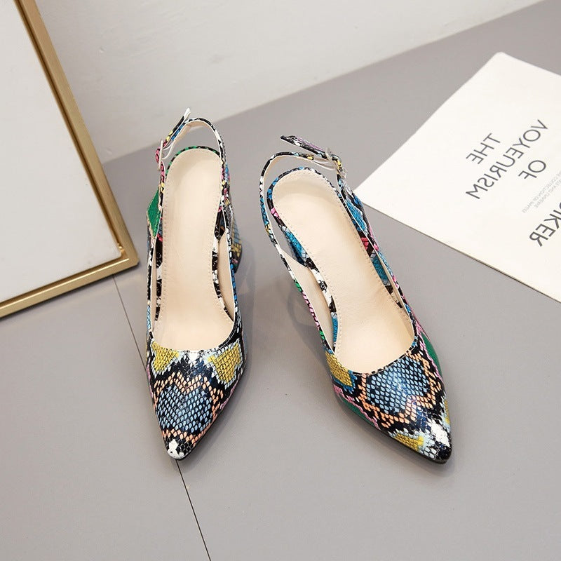 Color Snake Print Thick Heel Pointed Toe High Heels - Jatanele