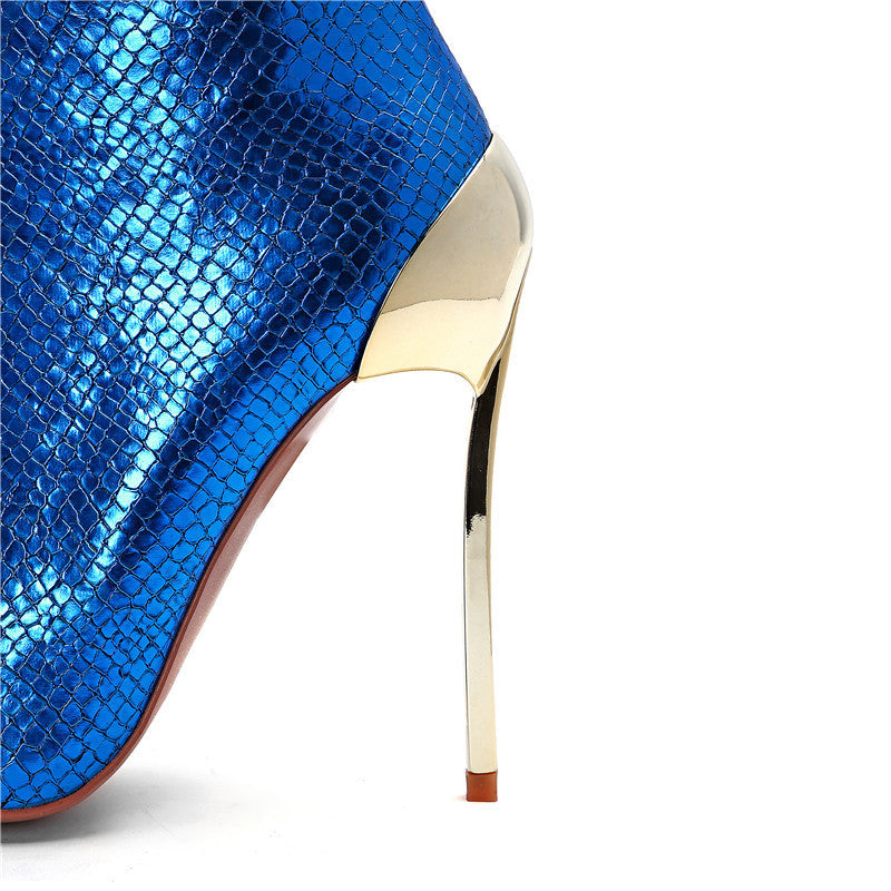 Pointed Metal Stiletto Ankle Boots – Available in Blue and Green - Jatanele