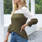 Waffle-Knit Lace Round Neck Long Sleeve T-Shirt - Jatanele