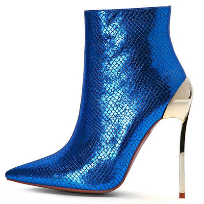 Pointed Metal Stiletto Ankle Boots – Available in Blue and Green - Jatanele