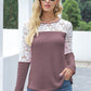 Waffle-Knit Lace Round Neck Long Sleeve T-Shirt - Jatanele