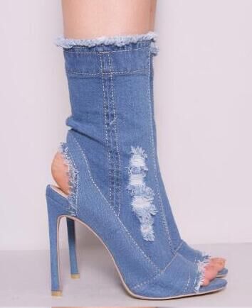 Fashion Runway Peep Toe Denim Ankle Boots - Jatanele