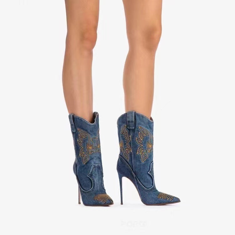 Western Denim Style High-Heeled Boots for Women - Jatanele