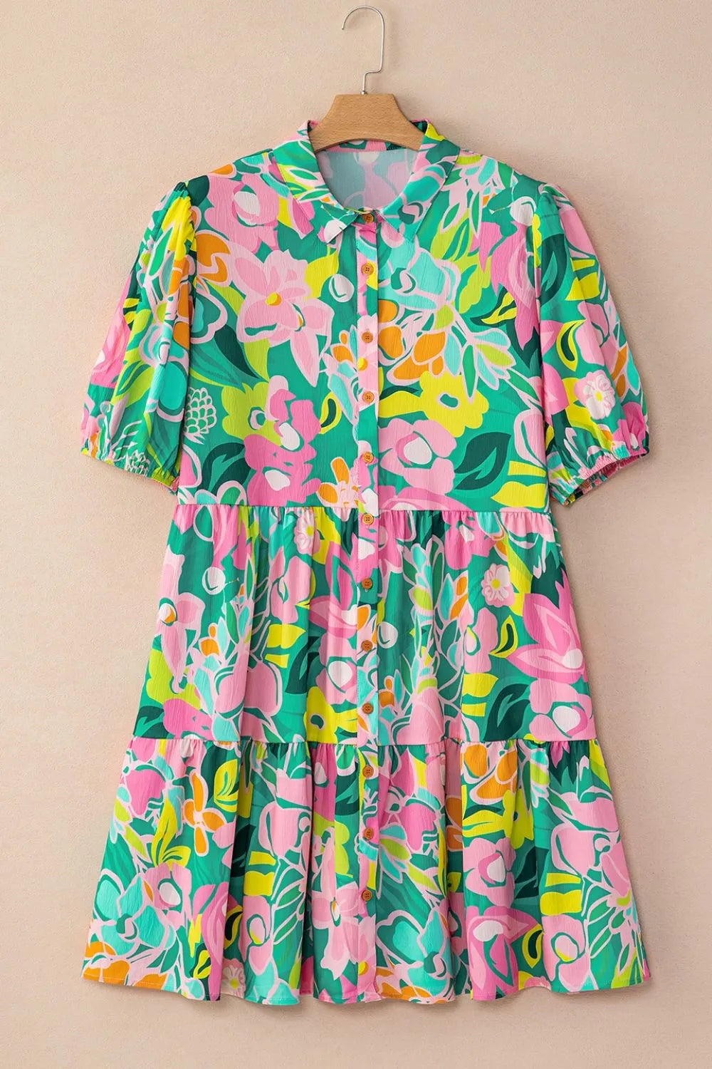 Button Down Floral Puff Sleeve Babydoll Dress - Jatanele