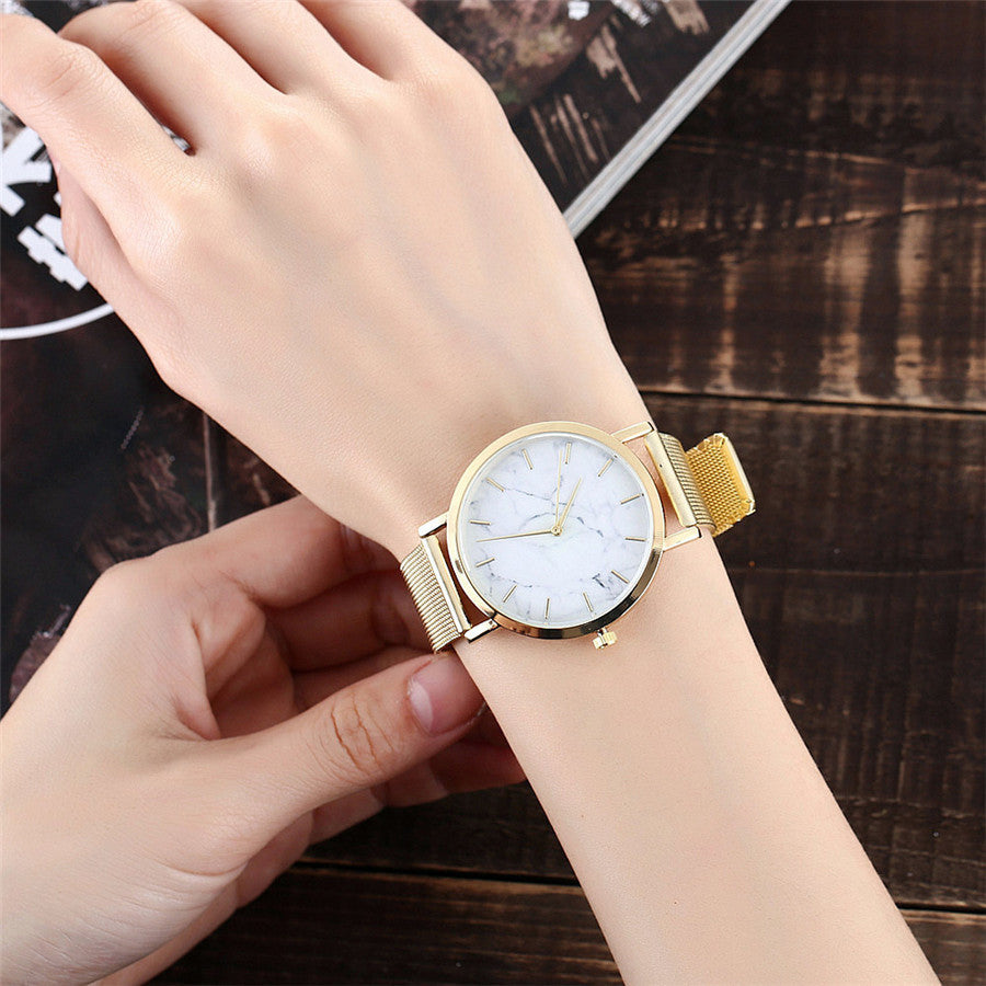 Silver and gold mesh band creative marble wristwatch - Jatanele