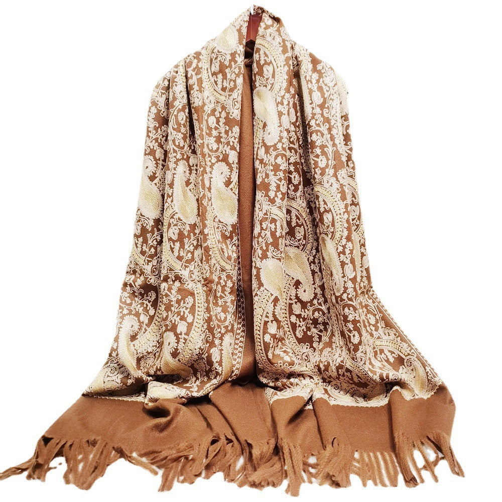 Embroidered Cashmere Scarf with Golden Paisley Details - Jatanele