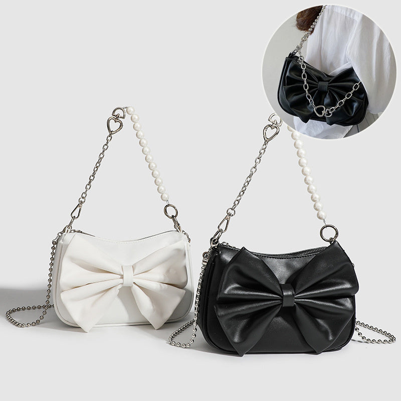 Black White PU Bow Handbags Autumn Winter Ladies Underarm Tote Bags Fashion Simple Pearl Chain Shoulder Bag Small Purse - Jatanele