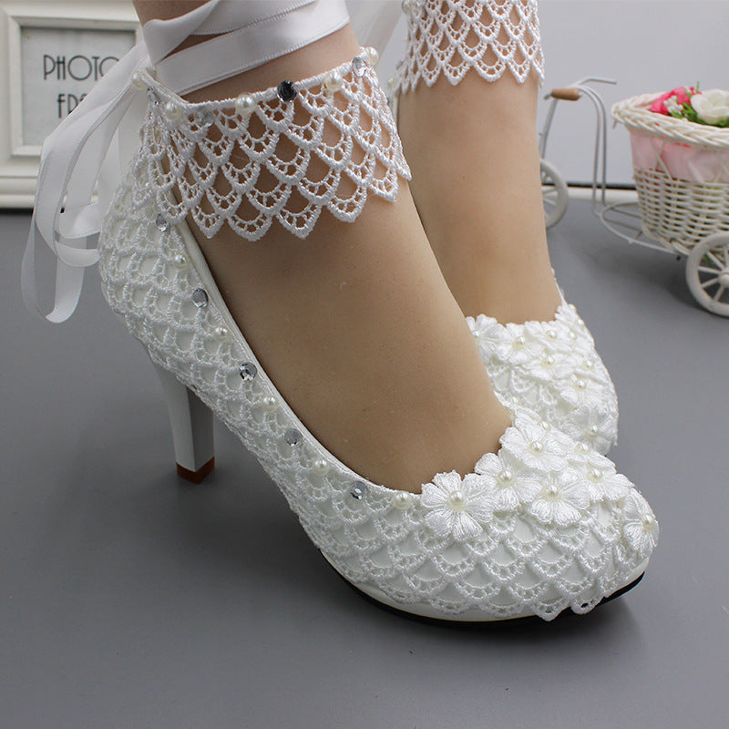 Lace-Up White Wedding High Heels – Plus Size Bridal Shoes - Jatanele