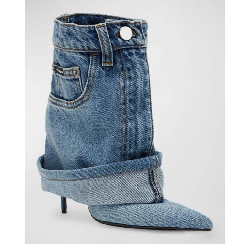 Pointed-Toe Washed Denim Pantskirt Stiletto Heel Boots - Jatanele