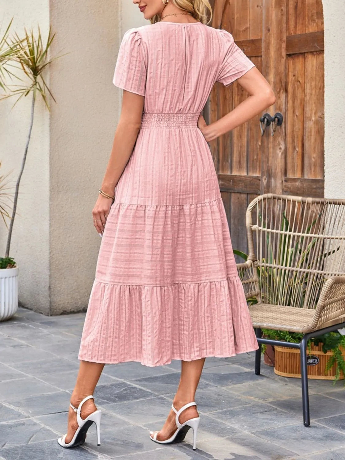 Tiered Notched Short Sleeve Dress - Jatanele