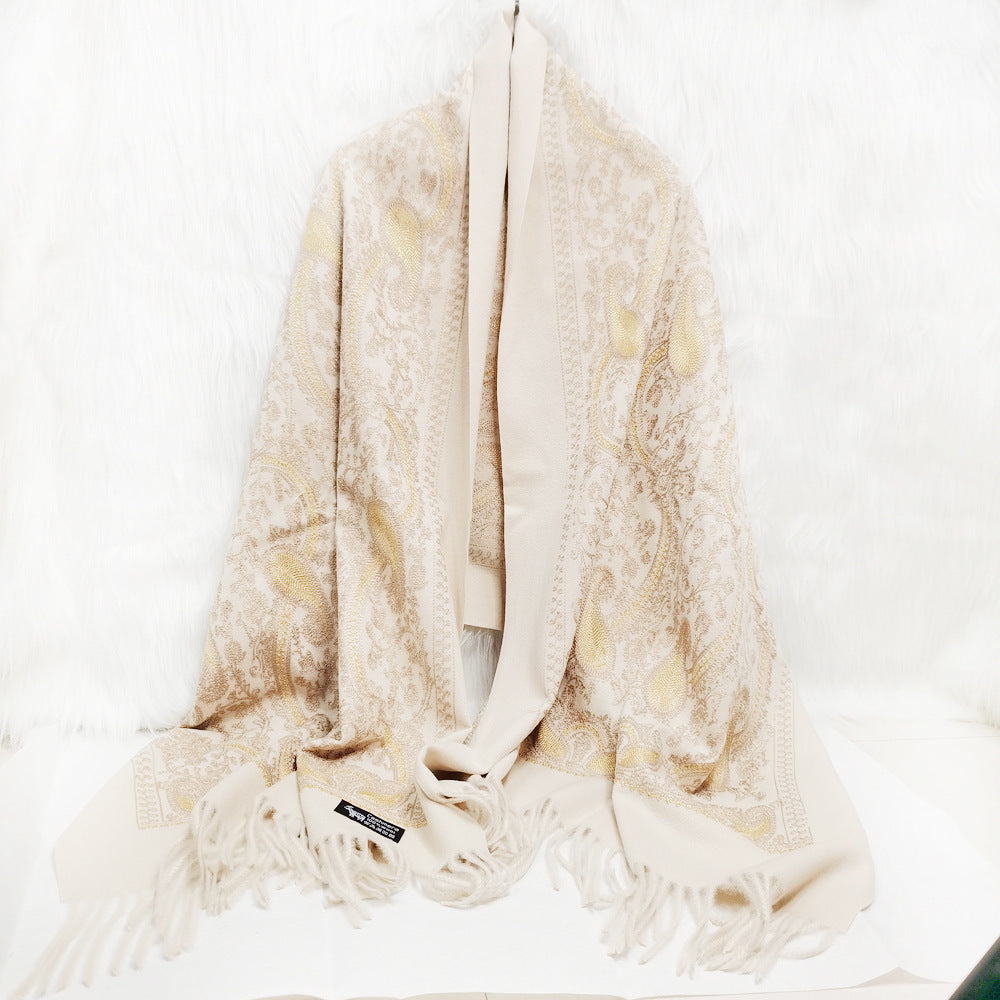 Embroidered Cashmere Scarf with Golden Paisley Details - Jatanele