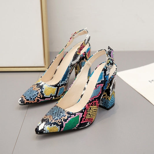 Color Snake Print Thick Heel Pointed Toe High Heels - Jatanele