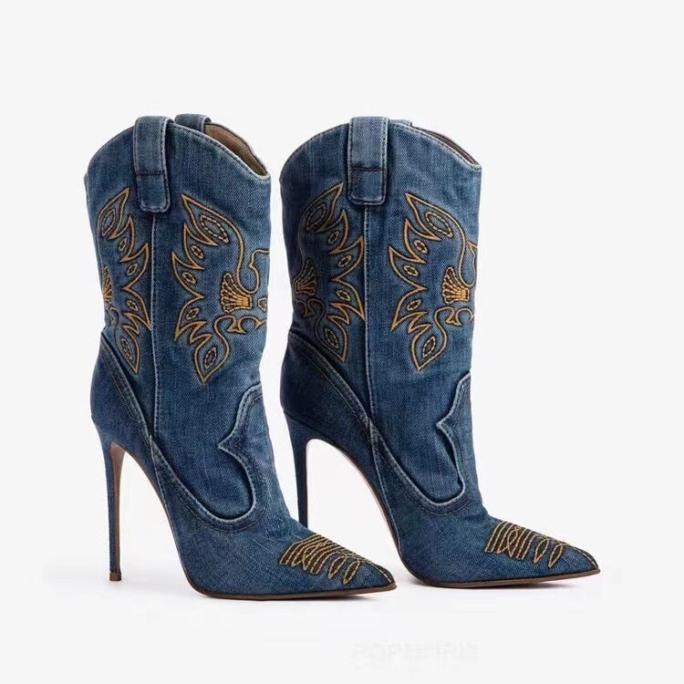 Western Denim Style High-Heeled Boots for Women - Jatanele