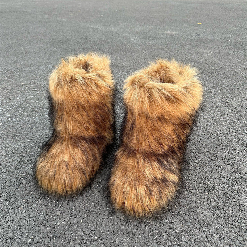 Raccoon Fur Plush Snow Boots - Warm Winter Footwear - Jatanele