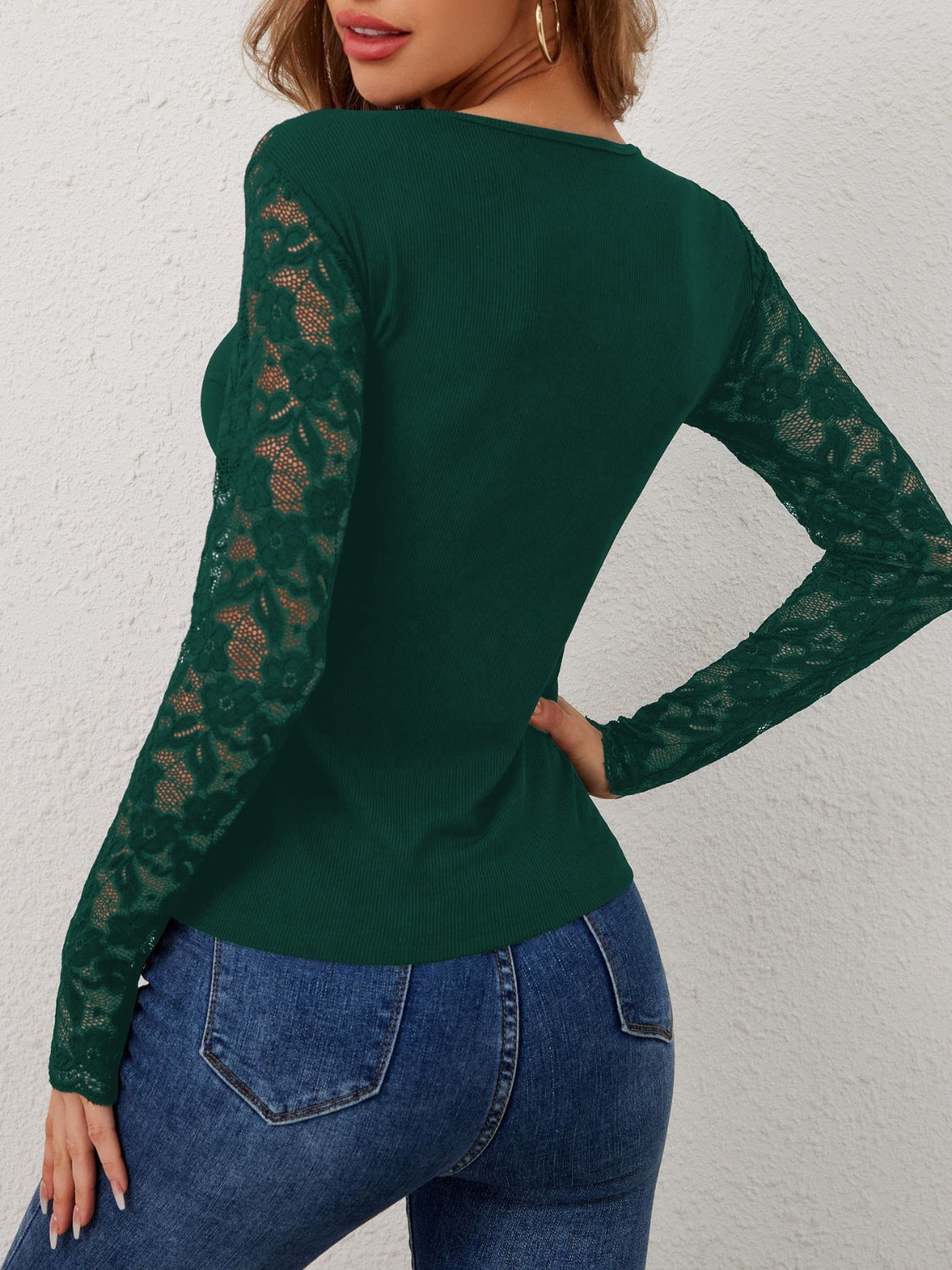 Lace Wavy Hem V-Neck Long Sleeve Top - Jatanele
