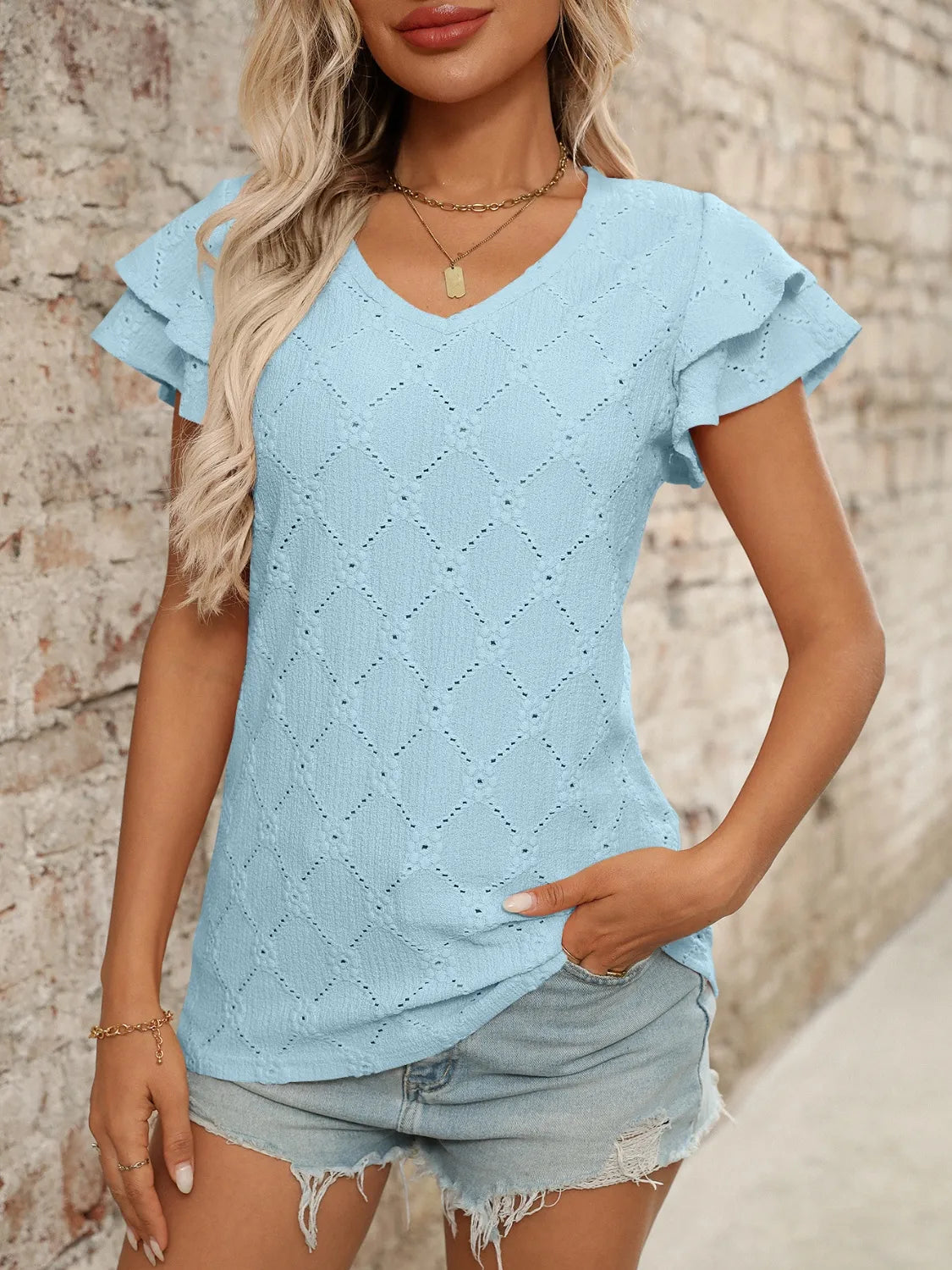 Eyelet V-Neck Ruffled Cap Sleeve Top - Jatanele