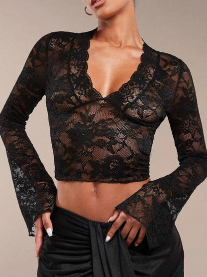 V-Neck Flare Sleeve Lace Top - Jatanele