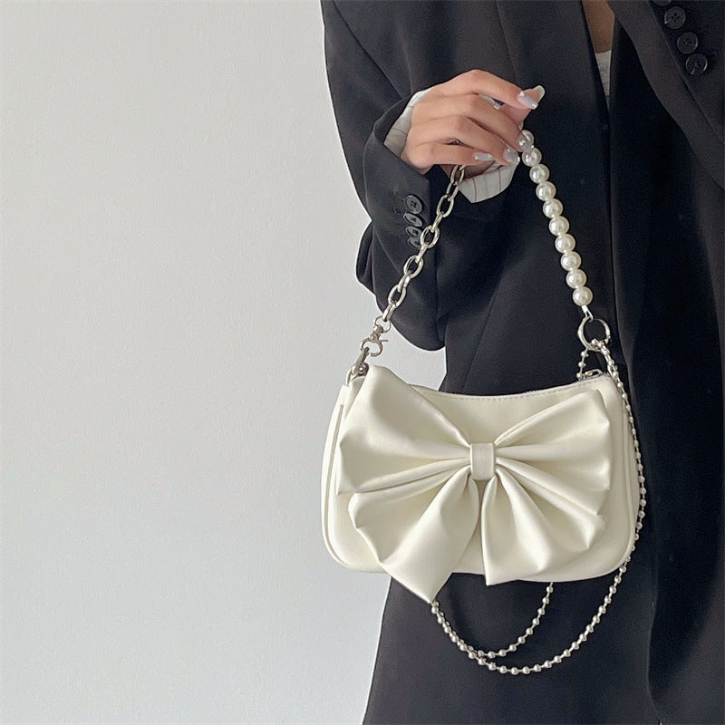 Black White PU Bow Handbags Autumn Winter Ladies Underarm Tote Bags Fashion Simple Pearl Chain Shoulder Bag Small Purse - Jatanele