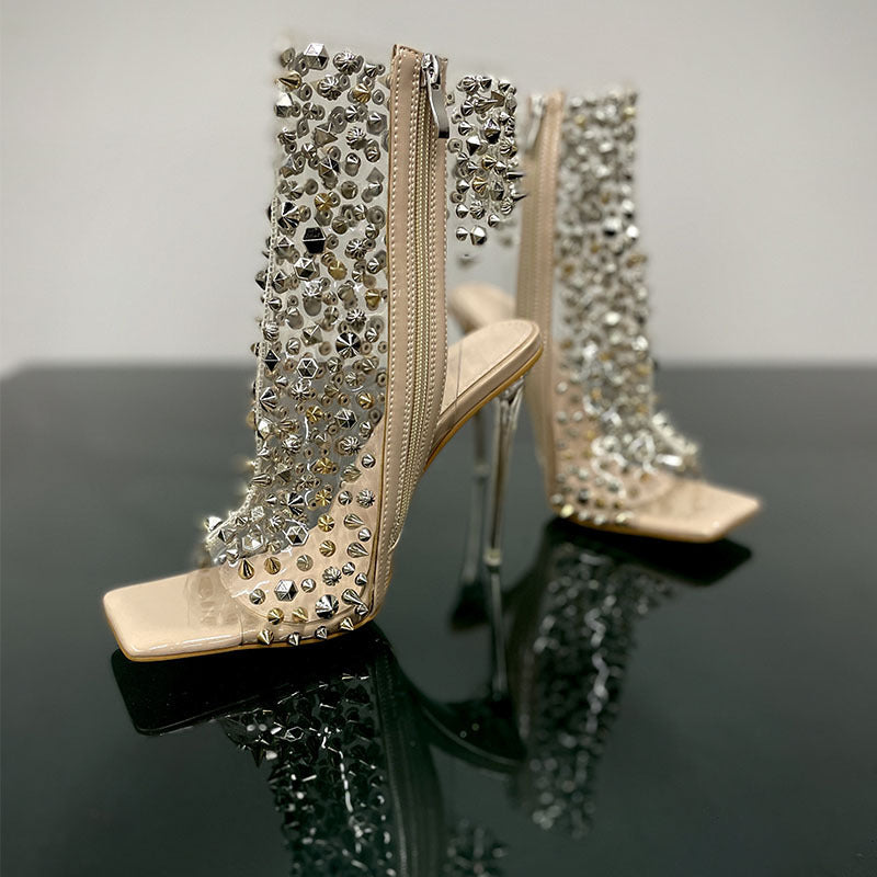 Transparent Rivet Stiletto Heels with Square Toe - Jatanele