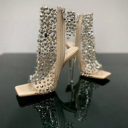 Transparent Rivet Stiletto Heels with Square Toe - Jatanele