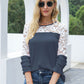 Waffle-Knit Lace Round Neck Long Sleeve T-Shirt - Jatanele