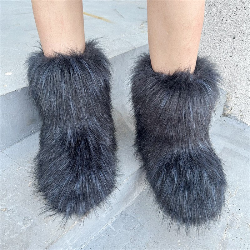 Raccoon Fur Plush Snow Boots - Warm Winter Footwear - Jatanele