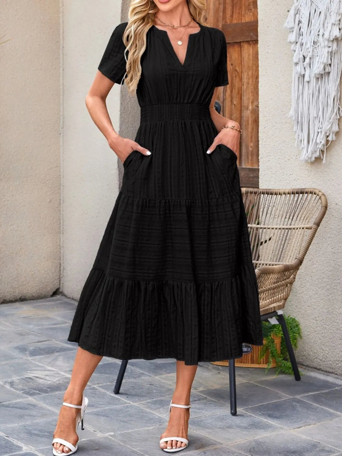 Tiered Notched Short Sleeve Dress - Jatanele
