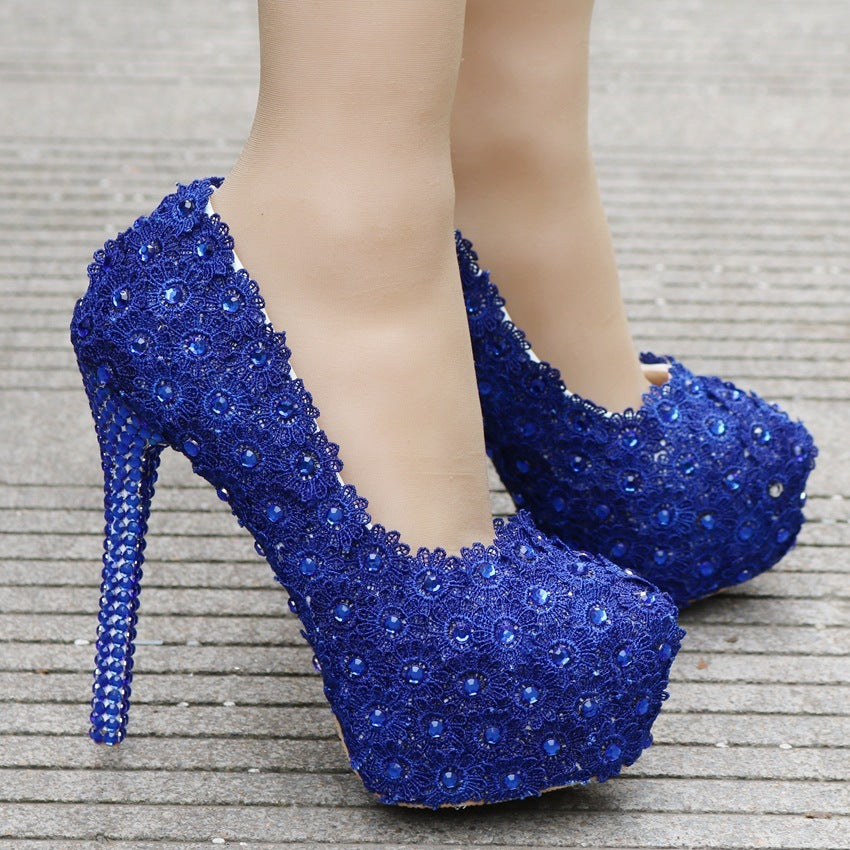 Lace Wedding Shoes - Rhinestone Blue Heels - Jatanele