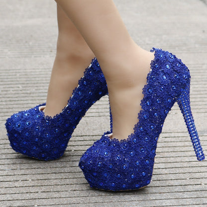 Lace Wedding Shoes - Rhinestone Blue Heels - Jatanele