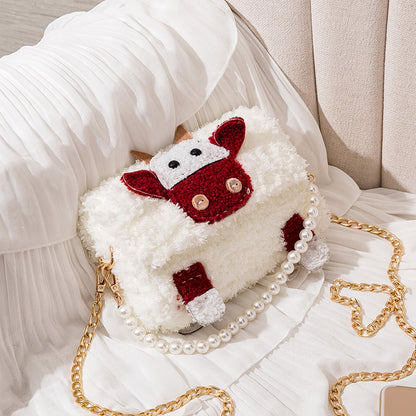 Farm Animal Plush Handbags with Pearl & Gold Chain - Jatanele