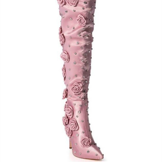 Over-the-Knee Silk Cloth Rivet Rose Boots - Jatanele