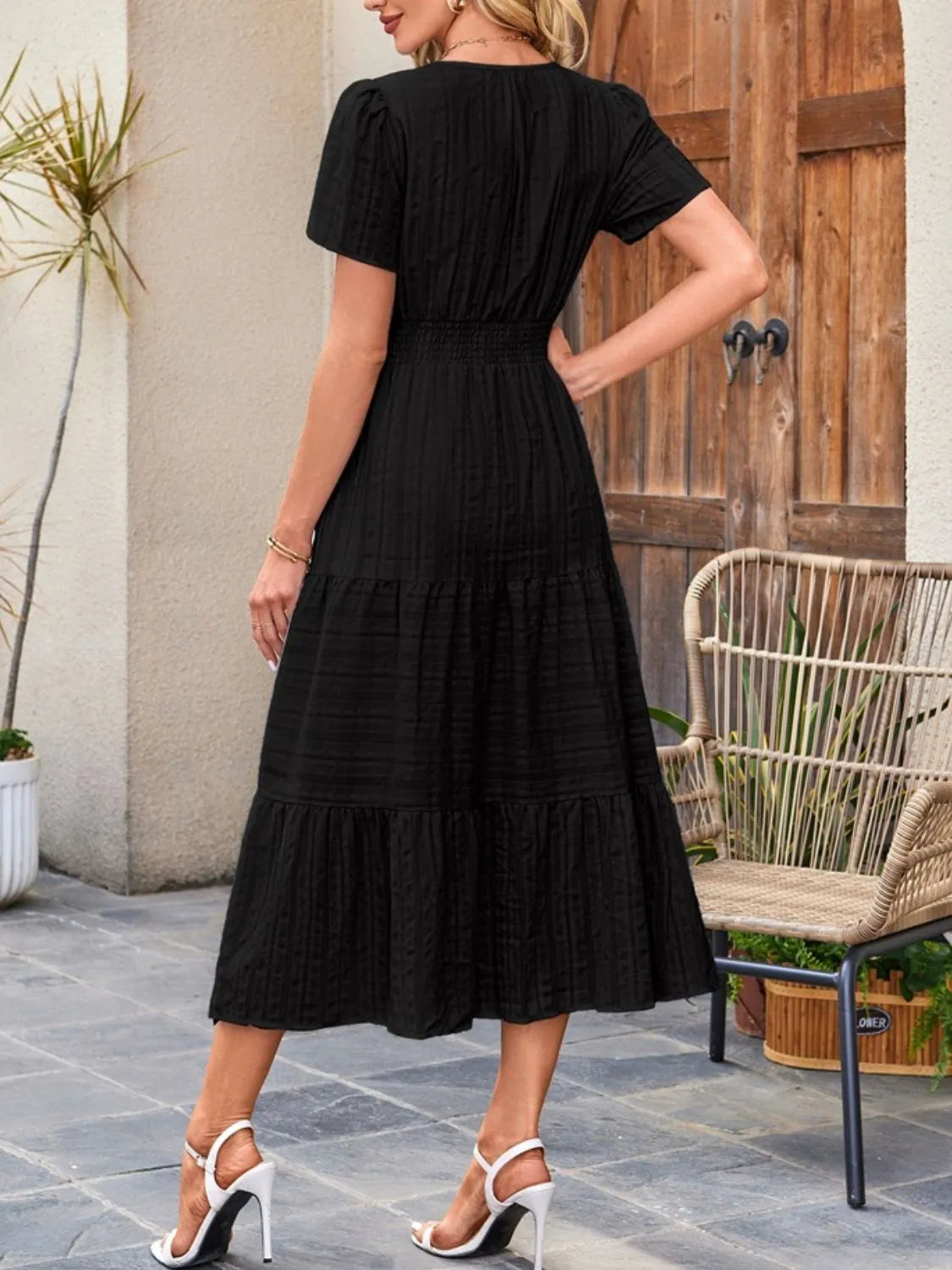 Tiered Notched Short Sleeve Dress - Jatanele