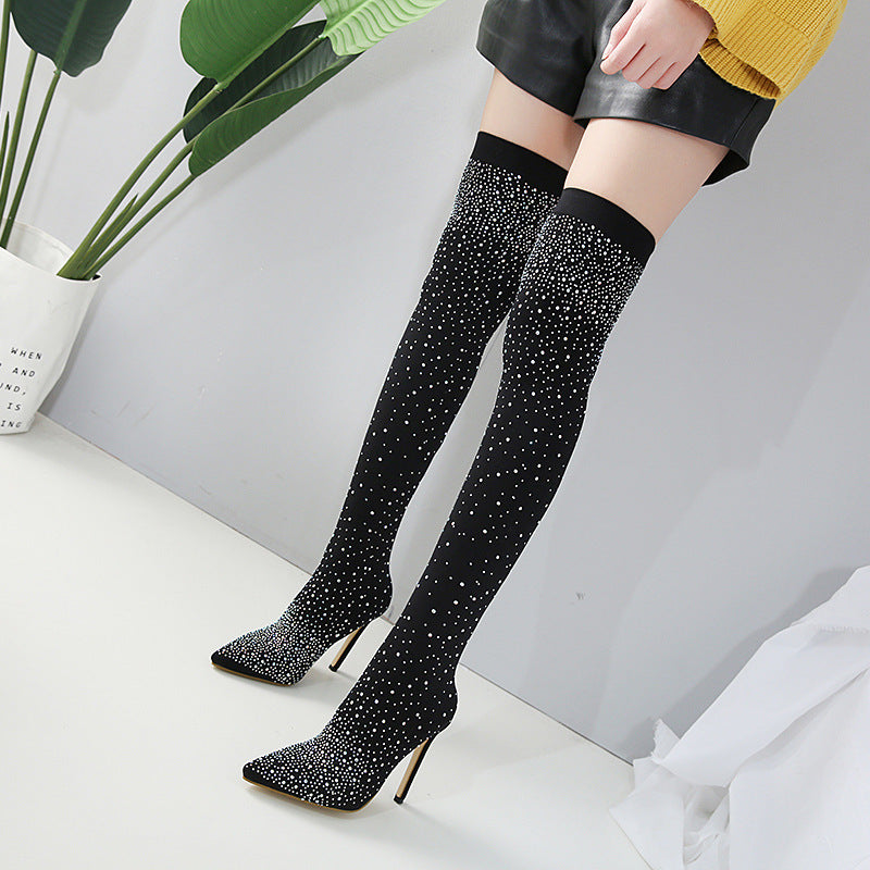 Chic High-Heeled Knee Boots – Pointed Toe & Elastic Fit - Jatanele