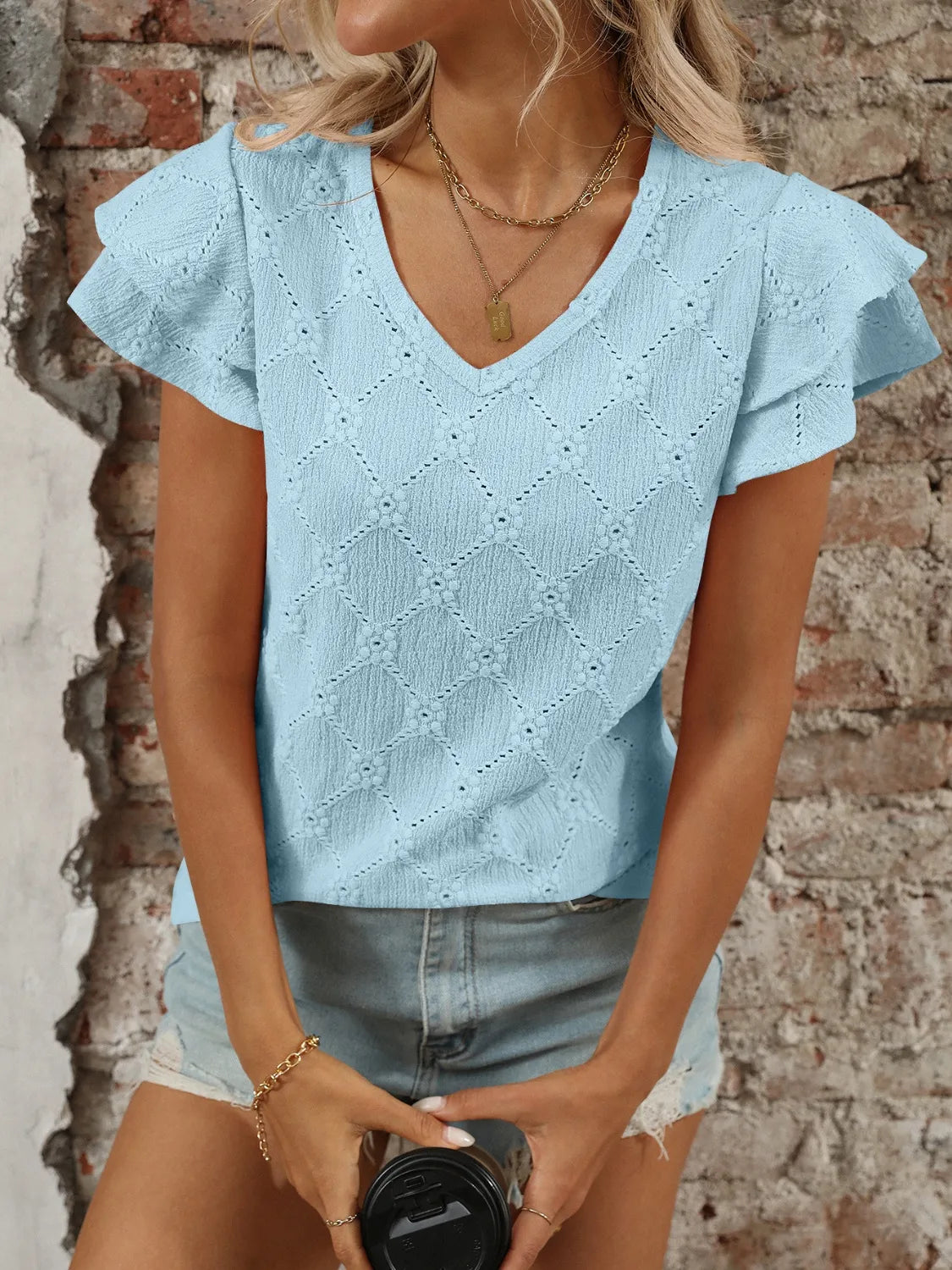 Eyelet V-Neck Ruffled Cap Sleeve Top - Jatanele