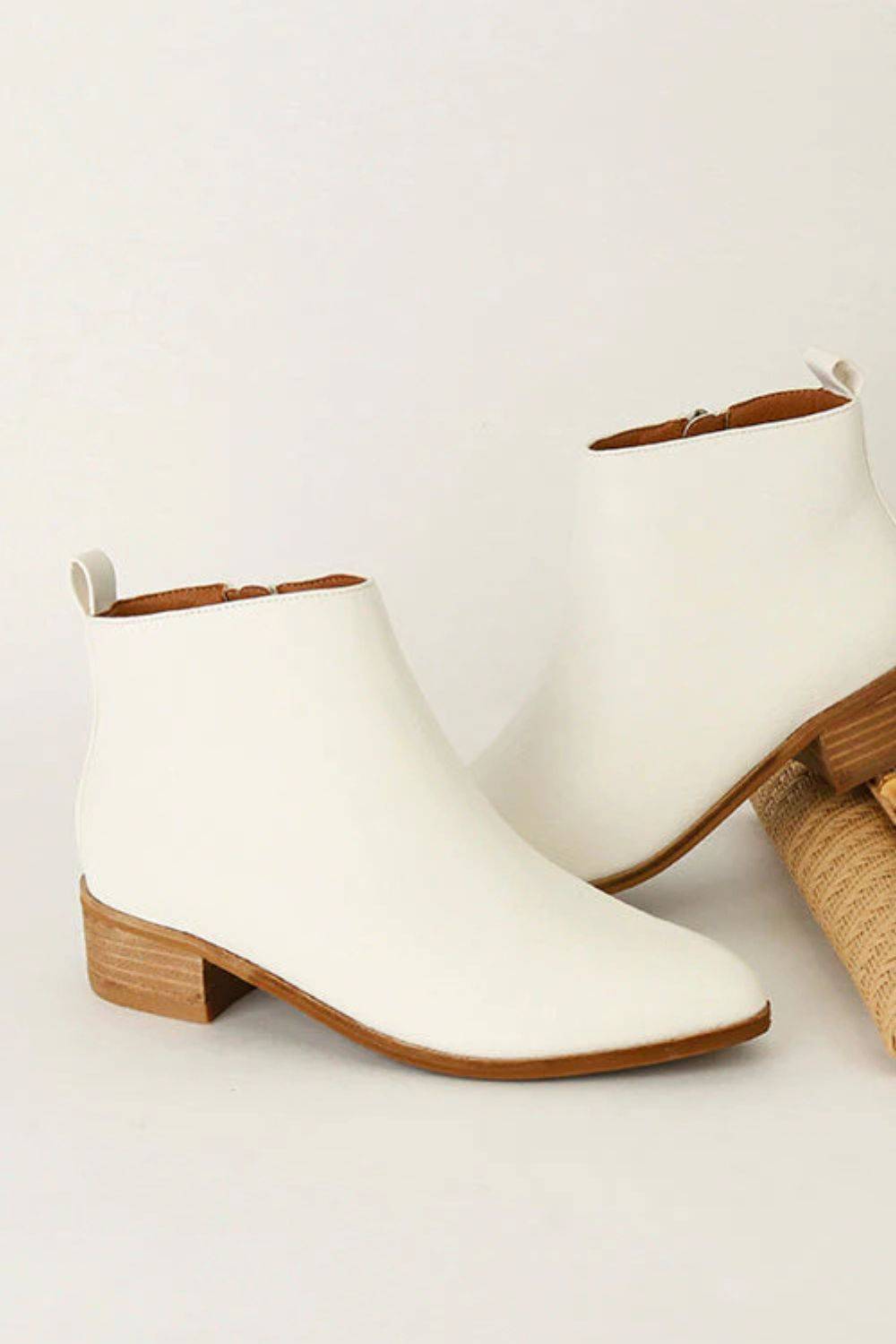 Classic PU Leather Block Heel Ankle Boots – White Trendsi