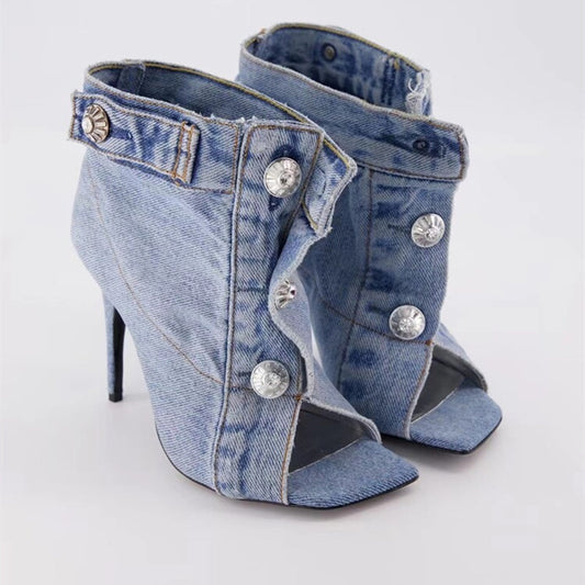 Short Boots with High Heels and Rivets - Denim Fabric - Jatanele