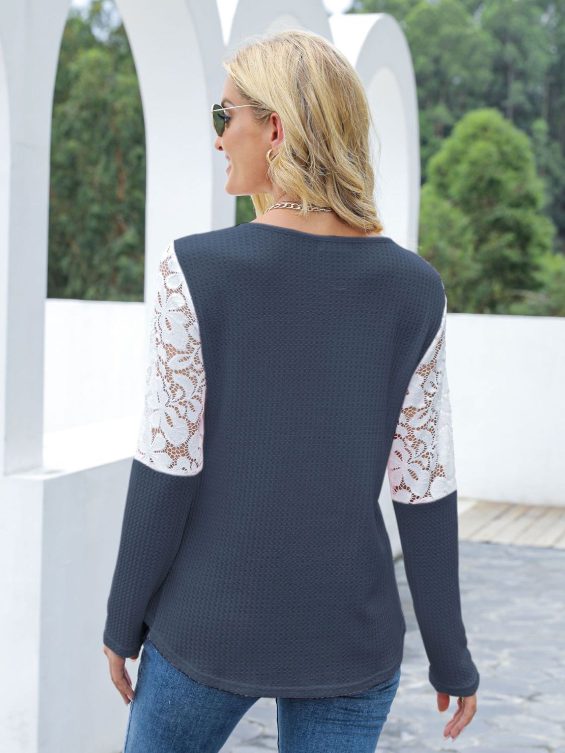 Waffle-Knit Lace Round Neck Long Sleeve T-Shirt - Jatanele