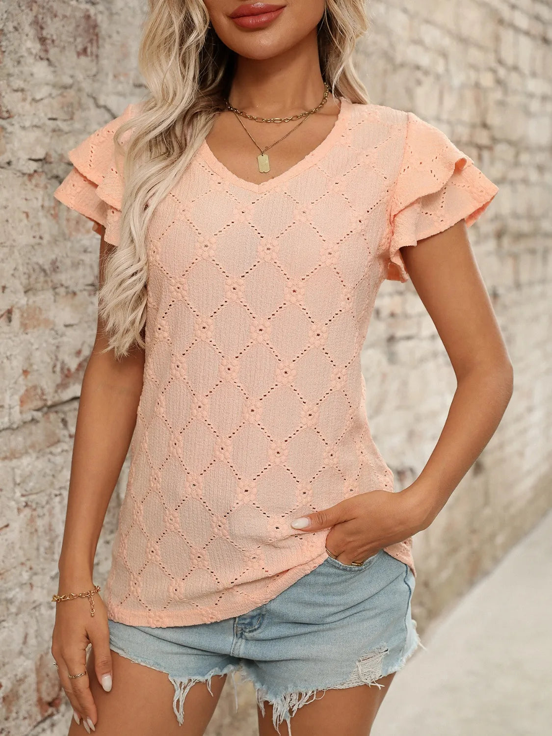 Eyelet V-Neck Ruffled Cap Sleeve Top - Jatanele